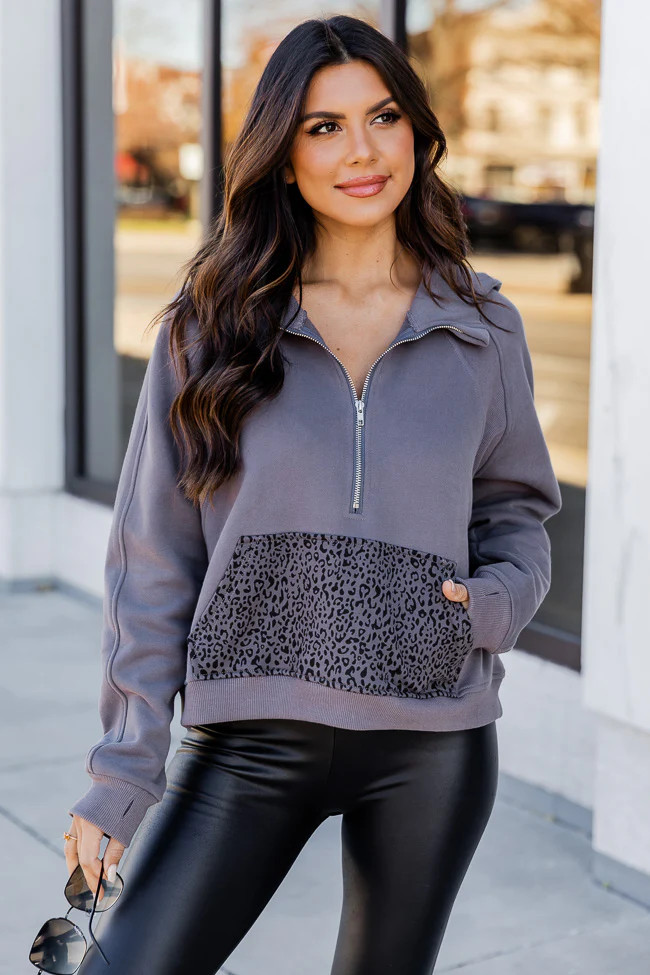 Making It Look Easy Grey/Leopard Ribbed Shoulder Quarter Zip Pullover | Pink Lily