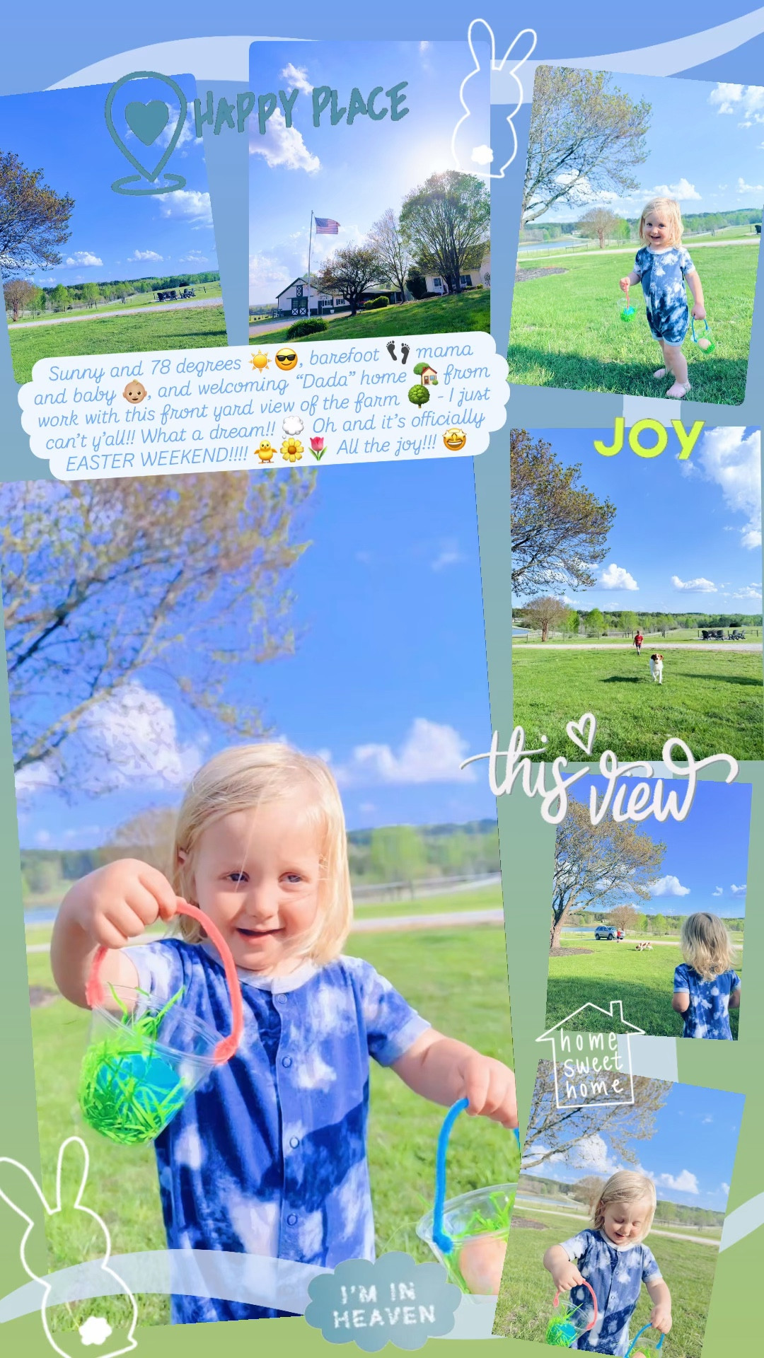 Sunny and 78 degrees ☀️😎, barefoot 👣 mama and baby 👶🏼, and welcoming “Dada” home 🏡 from work with this front yard view of the farm 🌳 - I just can’t y’all!! What a dream!! 💭 Oh and it’s officially EASTER WEEKEND!!!! 🐥🌼🌷 All the joy!!! 🤩 