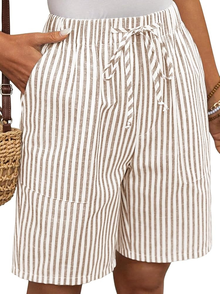 EXLURA Womens Striped Bermuda Shorts Casual Cotton Linen Shorts Elastic Drawstring Summer Beach V... | Amazon (US)
