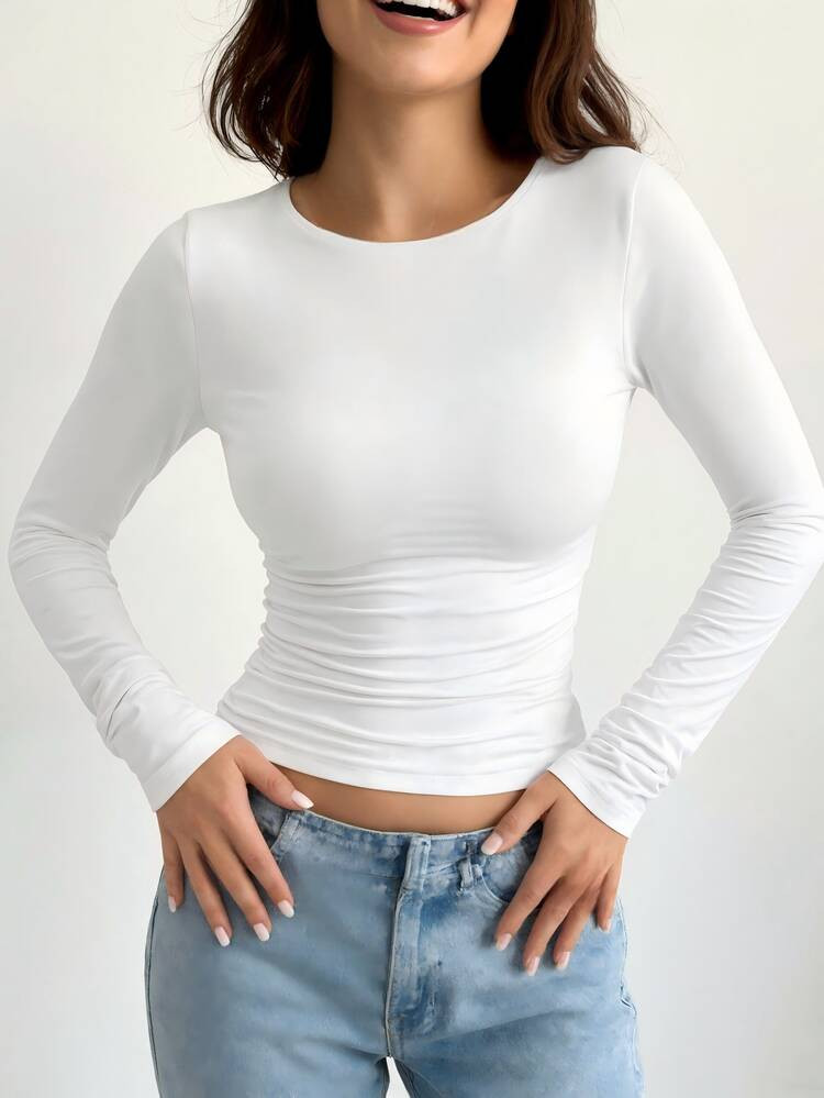 Women's Simple Long Sleeve Casual Slim Fit Round Neck T-Shirt | SHEIN
