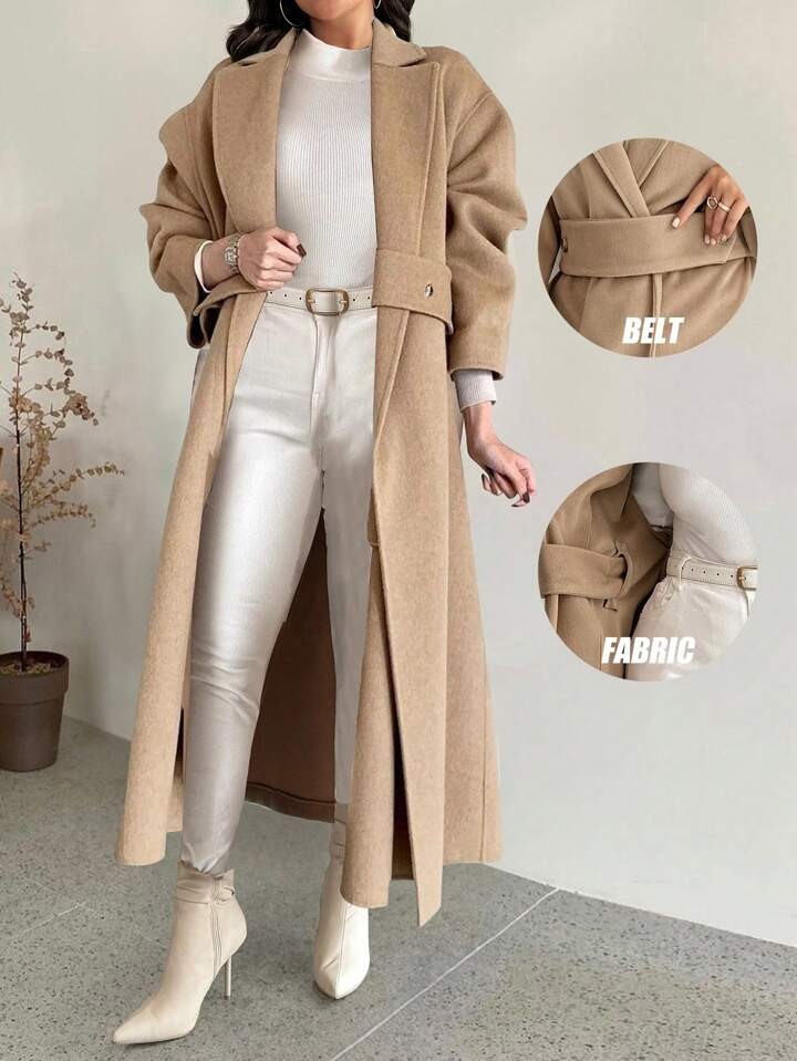 SHEIN Relaxiva Plus Size Casual Lapel Loose Coat With Belt, Autumn, For Winter | SHEIN
