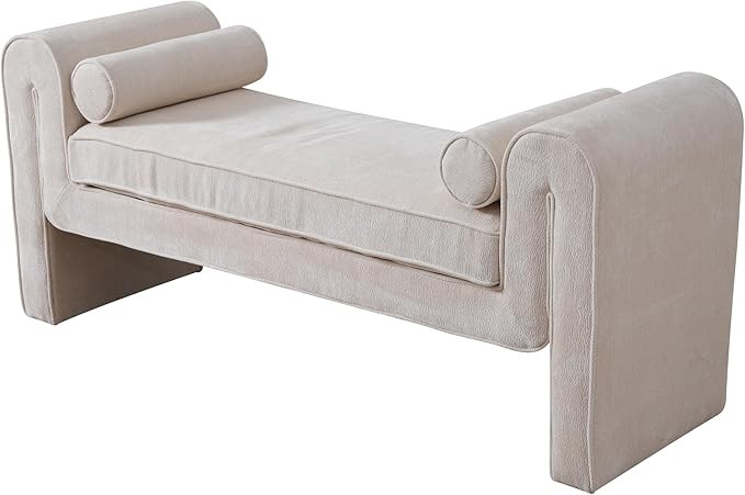 Mizuki 63" Wide Japandi Style Chenille Upholstered Luxury Bench in Cream | Amazon (US)