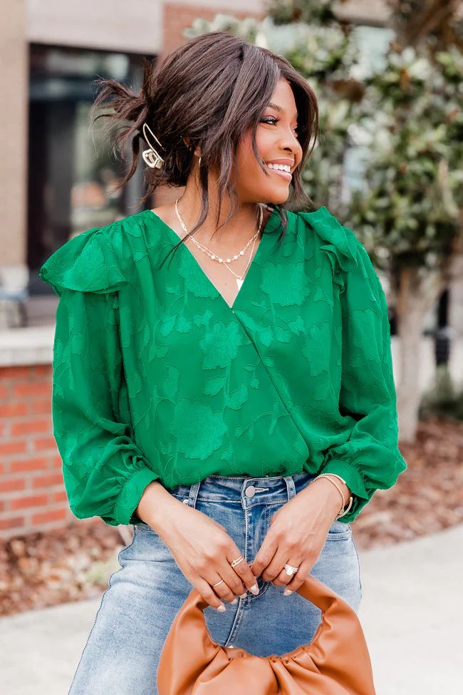 Nothing Has Changed Green Ruffle Shoulder Floral Textured Bodysuit | Pink Lily
