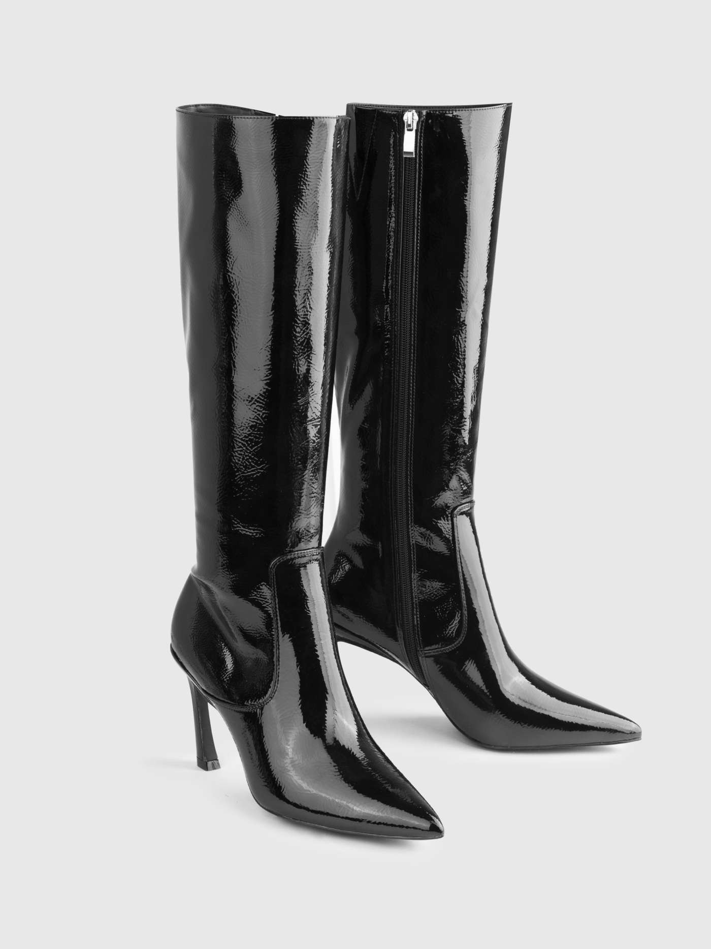 Bottes hautes au genou en faux cuir verni à talon aiguille | Cider