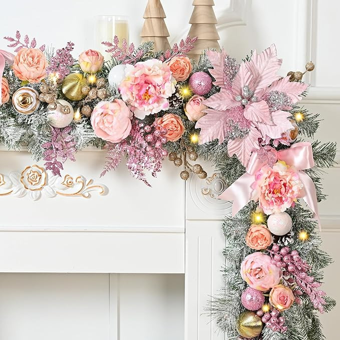 Waipfaru 6FT Christmas Garland with Lights, Pink Christmas Decor, Rose Gold Lighted Flocked Garla... | Amazon (US)