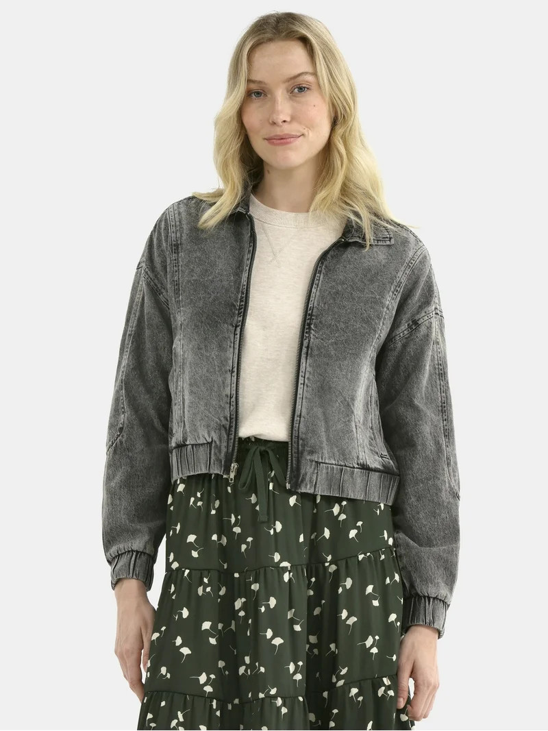 Time and Tru Women's Cotton Denim Bomber Jacket, Sizes XS-XXXL | Walmart (US)