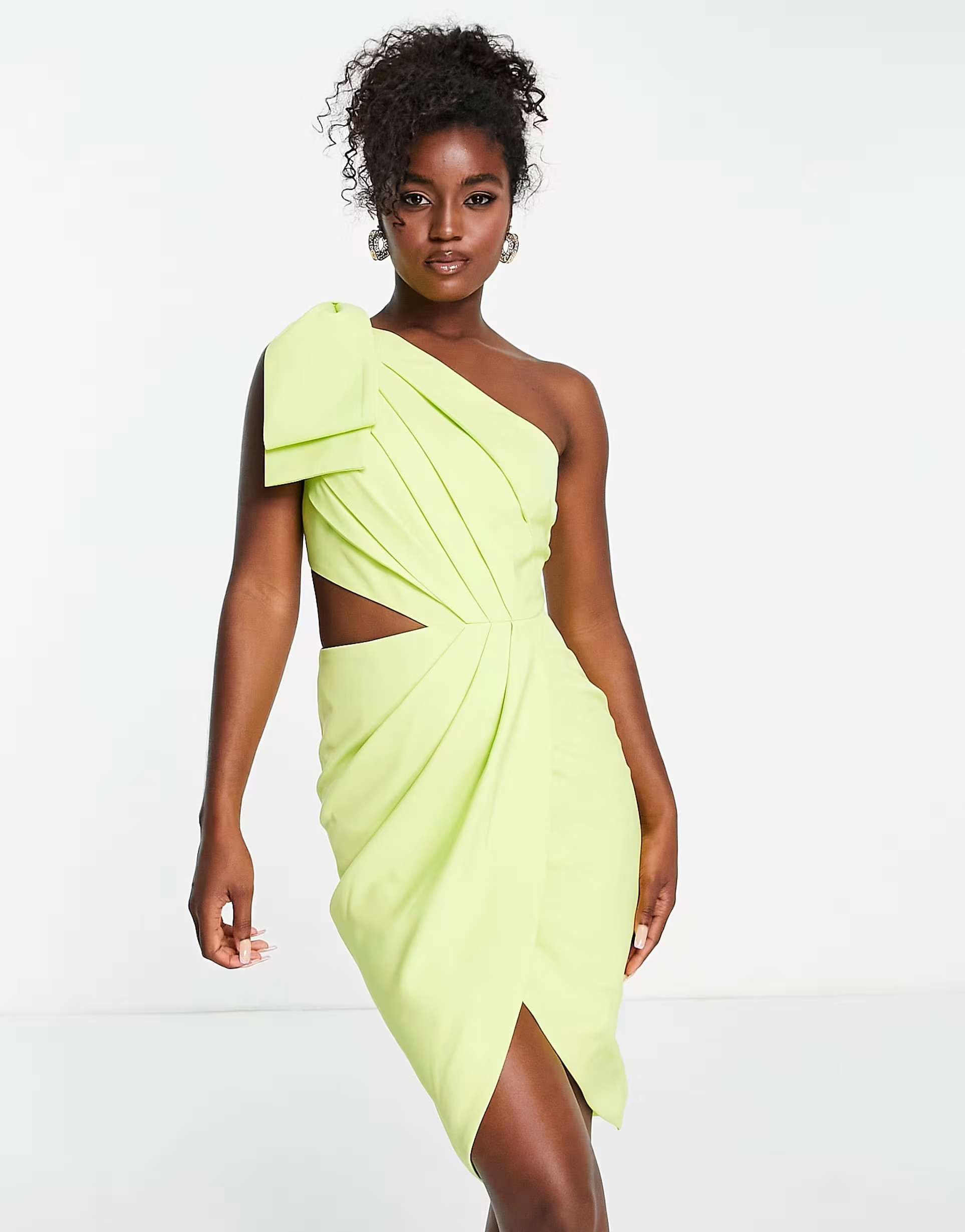 Lavish Alice one shoulder cut out detail wrap midi dress in lime green | ASOS (Global)