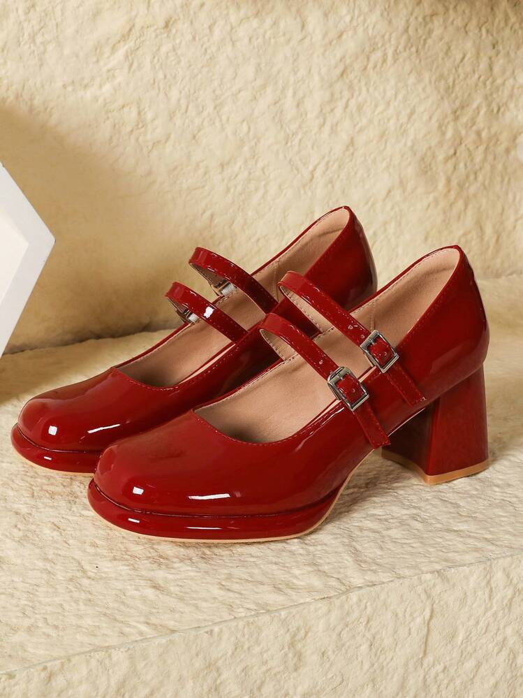 Women Red Patent Leather Mary Jane Shoes Platform Thick Heel Square Toe Retro French Style Pumps | SHEIN