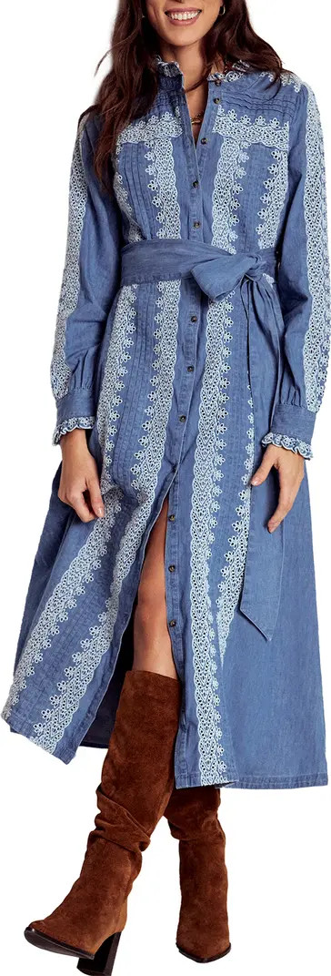 Ruffle Embroidered Long Sleeve Chambray Shirtdress | Nordstrom