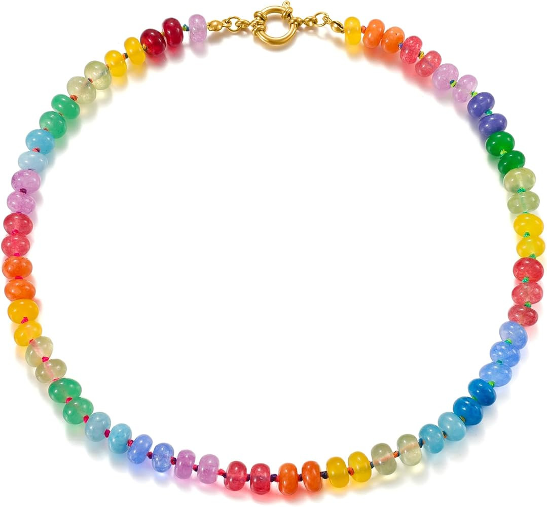Beaded Necklace for Women, Colorful Boho Bead Choker Necklace Natural Stone Surfer Beach Necklace | Amazon (US)
