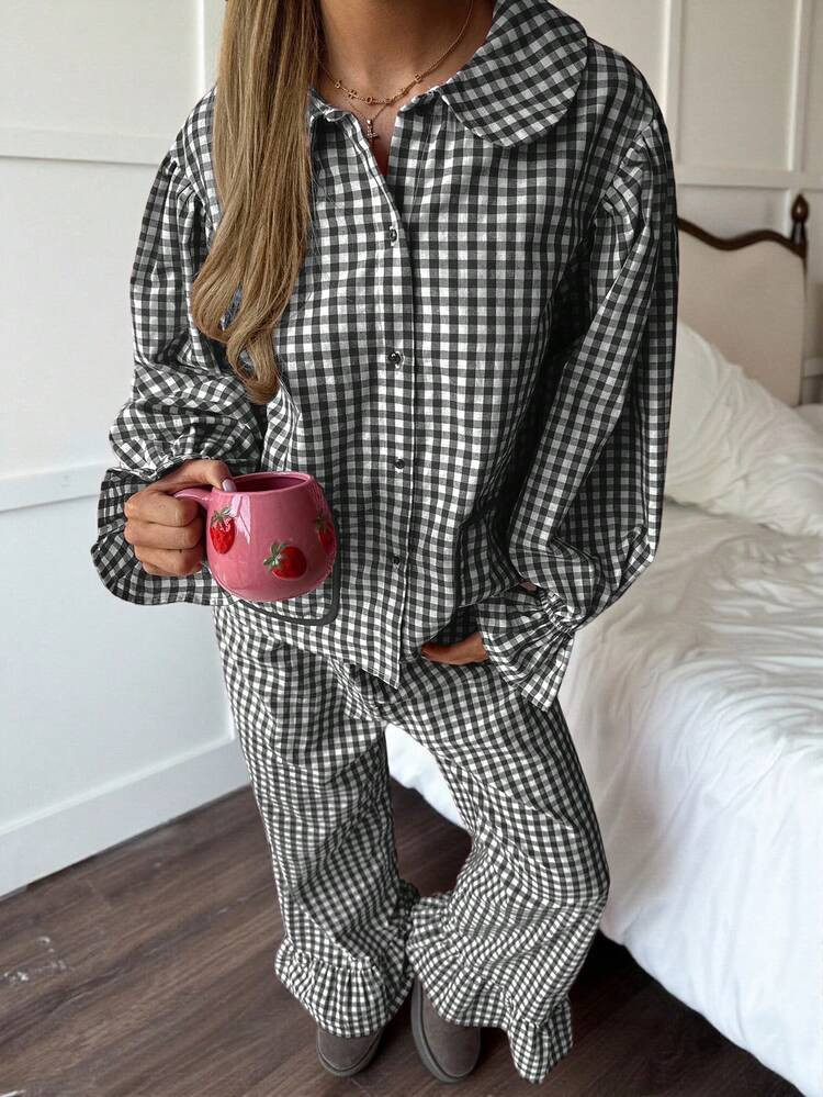 Black and white frill cheque pyjamas  | SHEIN
