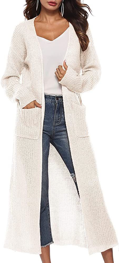 Women's Comfy Long Sleeve Open Front Maxi Cardigan Longline Duster Coat with Pockets White-Cream ... | Amazon (US)