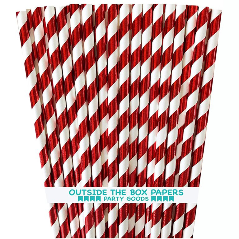 100 Red Foil Striped Paper Straws - Walmart.com | Walmart (US)