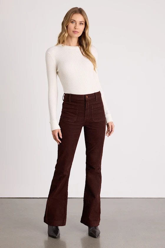 Relia Brown Corduroy High-Rise Flare Pants | Lulus