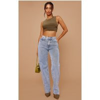 PrettyLittleThingPetite Light Blue Split Hem Jeans | PrettyLittleThing US