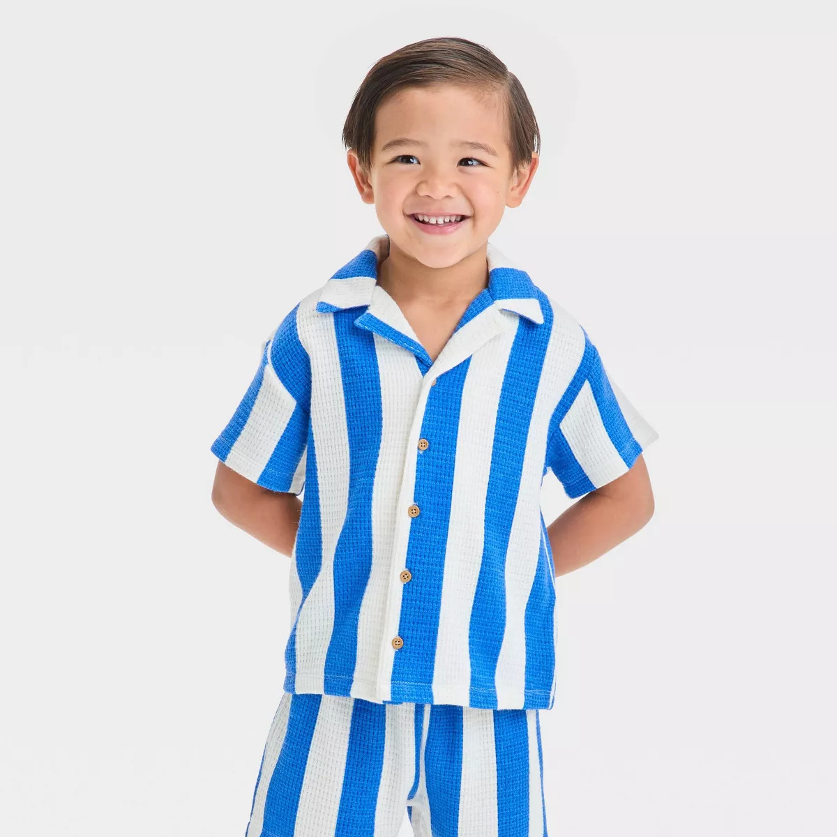 Grayson Mini Toddler Boys' Short Sleeve Vertical Striped Thermal Knit Shirt and Shorts Set - Blue | Target