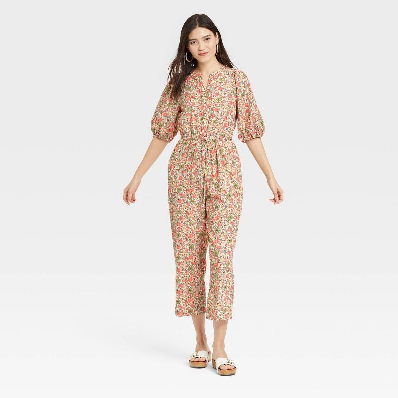 Women's Puff 3/4 Sleeve Jumpsuit - Universal Thread™ Coral Pink Floral | Target
