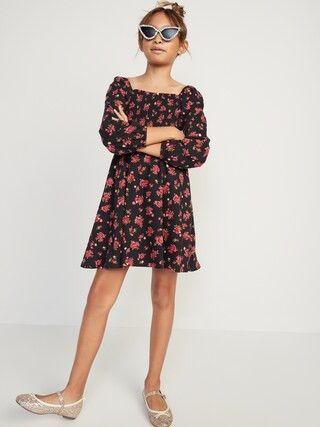 Long-Sleeve Smocked Floral-Print Fit & Flare Dress for Girls | Old Navy (US)