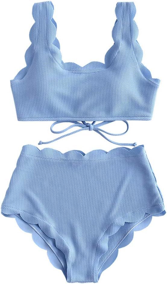 ZAFUL Women's Scalloped Textured Swimwear High Waisted Wide Strap Adjustable Back Lace-up Bikini ... | Amazon (US)