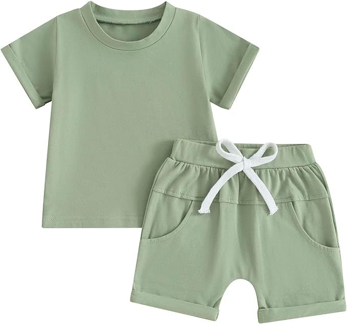 Toddler Baby Boy Summer Clothes Infant T Shirt Shorts Outfits Solid Color Short Sleeve T-Shirt Ne... | Amazon (US)