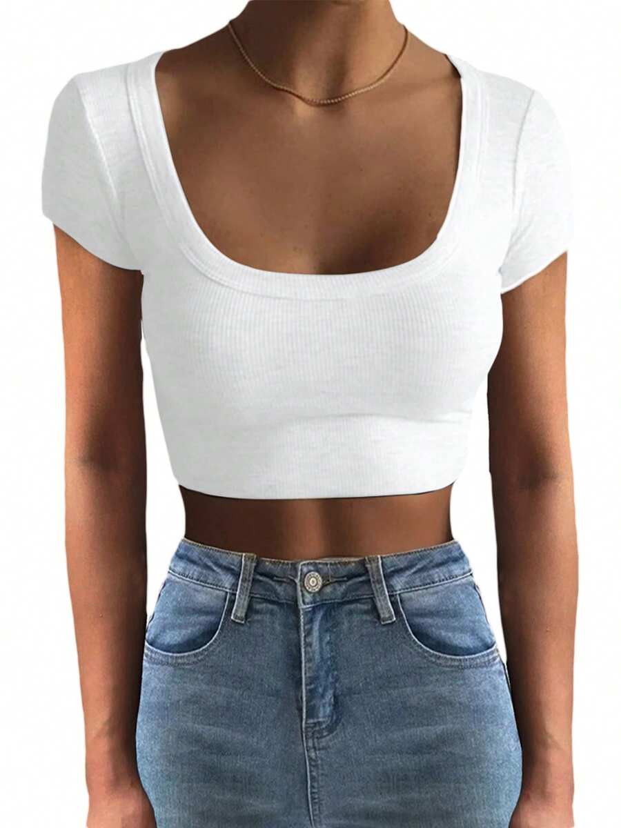 Women T-Shirt, Short Sleeve U Neck Solid Slim Fit Summer Ladies Crop Top For Daily Street | SHEIN