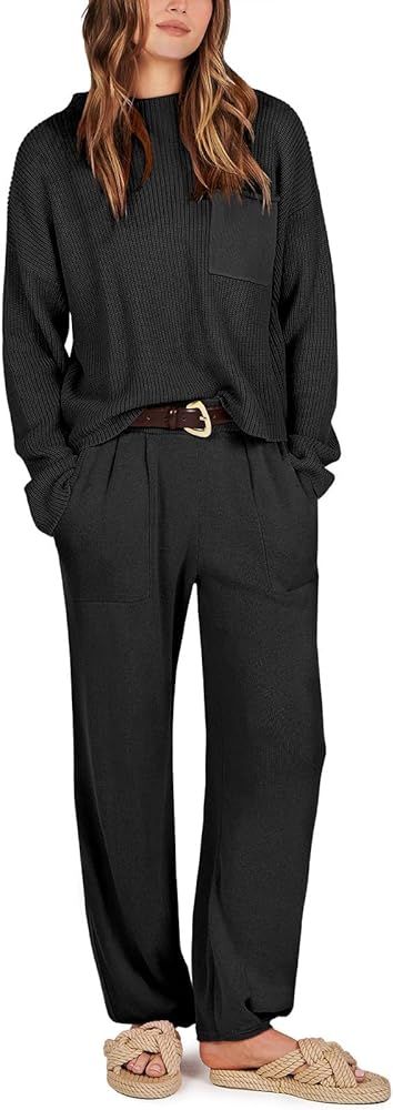 ANRABESS Women's Two Piece Outfits Long Sleeve Knit Top Fall Sweater Set Oversized Pants Tracksuit L | Amazon (US)