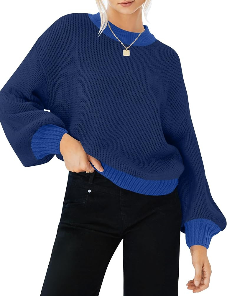 ZESICA Women's Casual Long Sleeve Crew Neck Pullover 2024 Fall Ribbed Knit Loose Contrast Color S... | Amazon (US)
