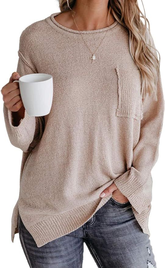 OFEEFAN Womens Sweaters Long Sleeve Side Split Crewneck Pullover Fall | Amazon (US)