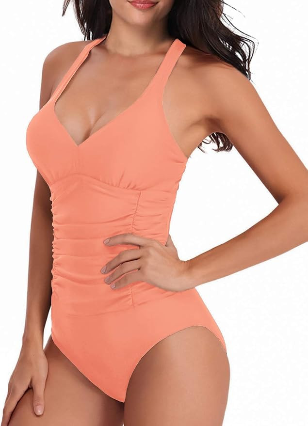SHELY Womens One Piece Swimsuits V Neck Cross Halter Swimwear Tummy Control Ruched Bathing Suits | Amazon (US)