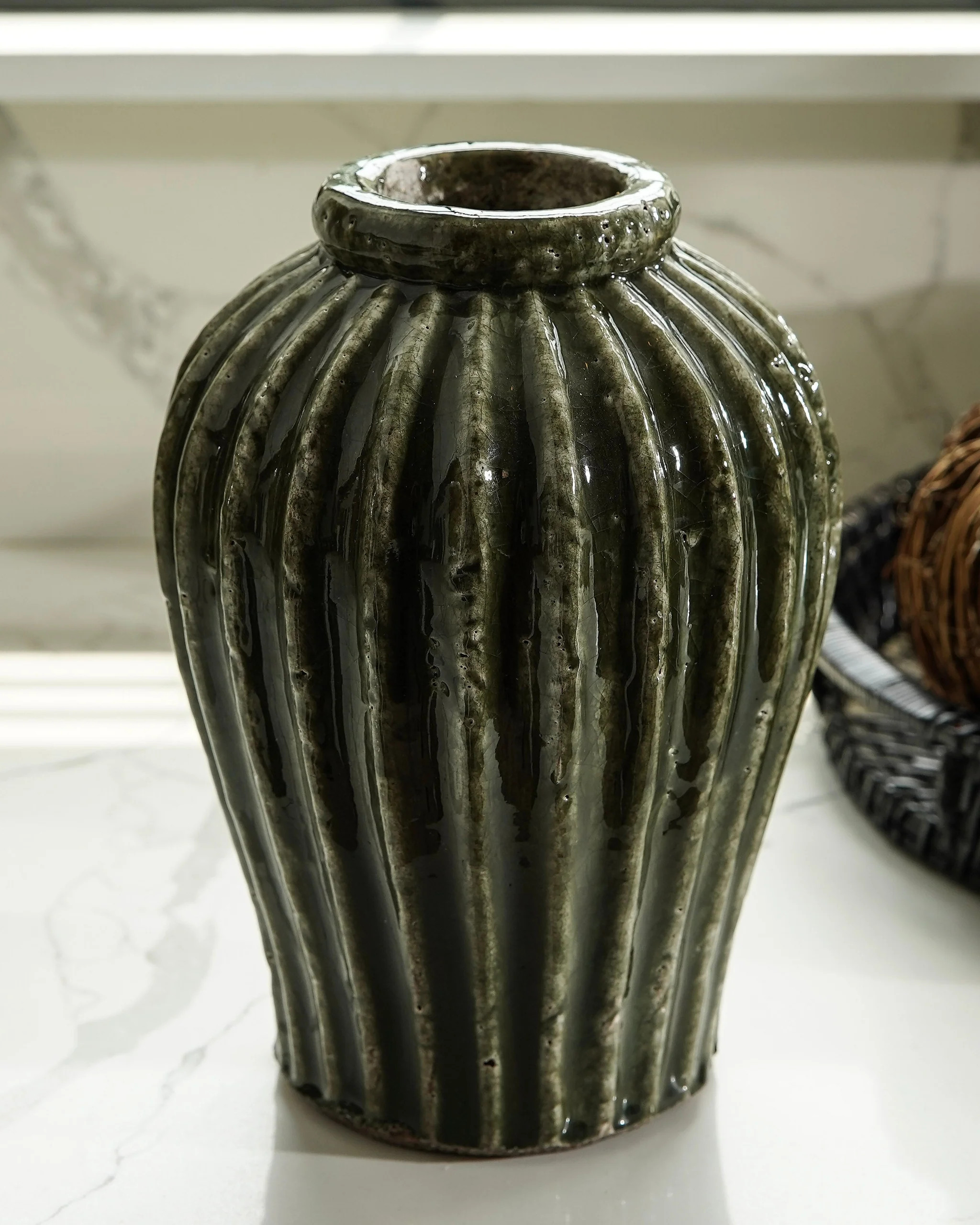 Green Ribbed Terracotta Aged Vase | MJHome