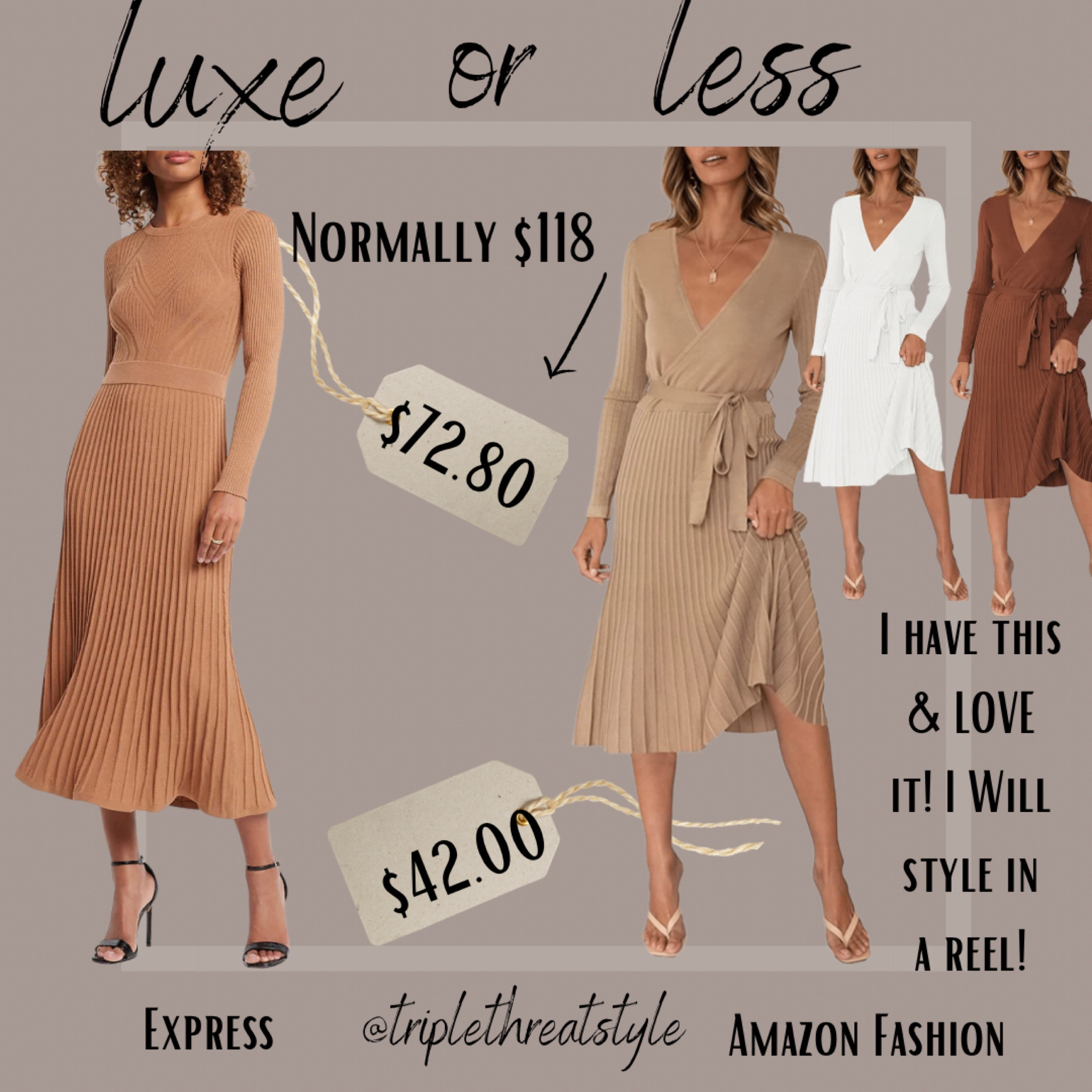 Luxe VS Less

EXPRESS VS AMAZON FASHION

The dress on the left is $73 and the one on the right is almost identical and under $40.

I Have both dresses and in this case, I RECOMMEND the Amazon Fashion VERSION if you were on a budget. But the express version has the most beautiful detailing, so if you can swing an extra $30 Wallace 40% off sale is going on, do it.

I wear an extra small and both of the express dress and the Amazon Fashion Dress.

#LTKsalealert #LTKunder50 #LTKstyletip