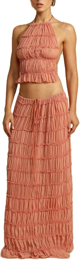 Two Piece Maxi Skirt Sets for Women Summer Backless Halter Beach Cami Top Long Skirt Going Out Se... | Amazon (US)