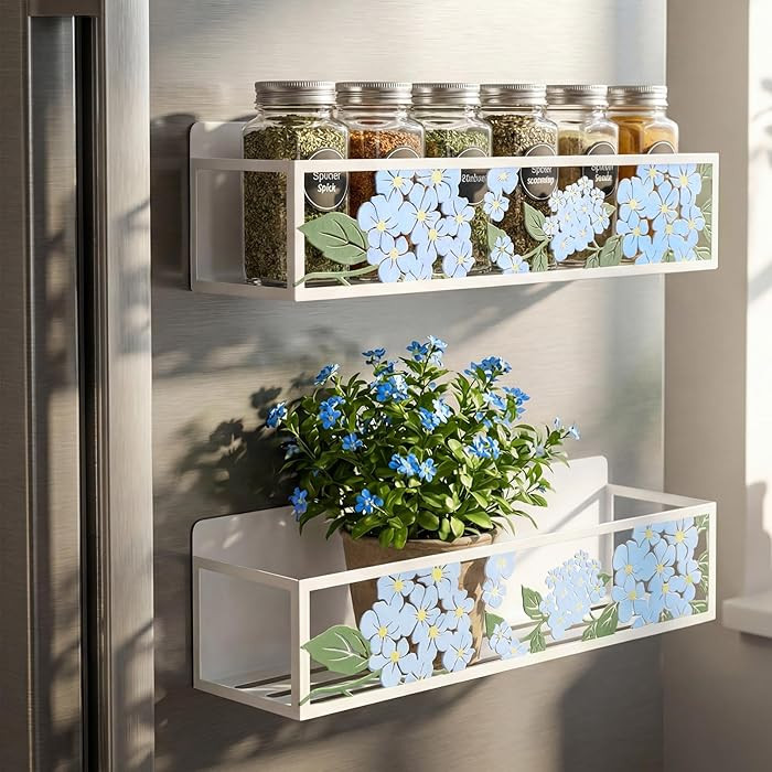 2 Pack Hydrangea Magnetic Spice Rack for Refrigerator Metal Magnet Basket Shelf for Fridge Season... | Amazon (US)