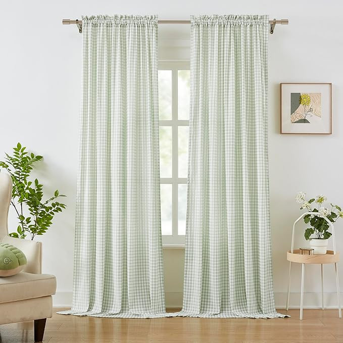 ZJDECOR Sage Green White Buffalo Plaid Curtains 84 Inches Long,Crinkled Not-See-Through Sheer Rod... | Amazon (US)