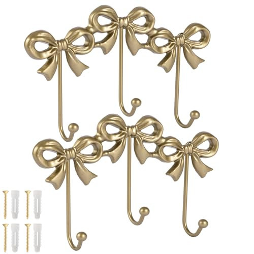 XHIPY 2Pcs Gold Bow Hooks Coat Rack, Wall Mount Coat Hook, Bow Room Wall Decorations, Wall Hook for Hanging Coat, Hat, Jacket (Gold | Amazon (US)