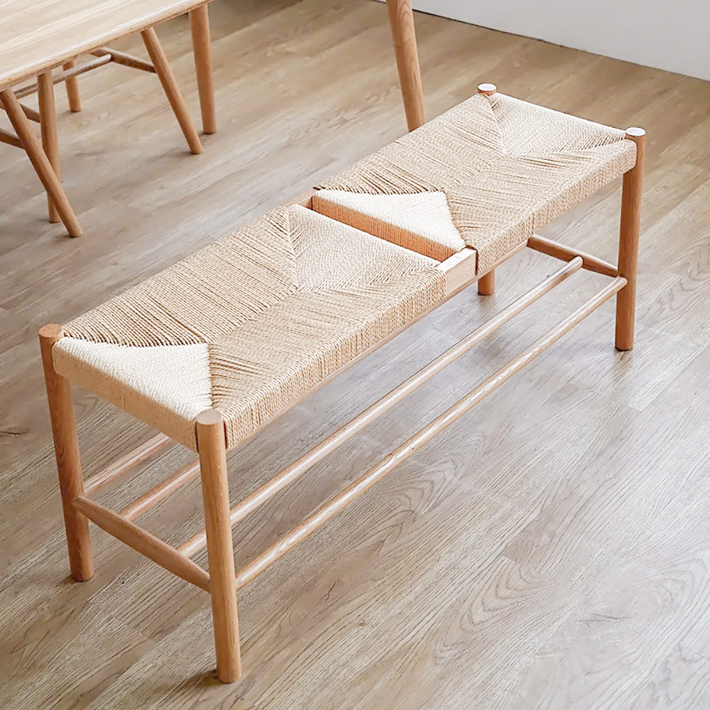 Japandi Natural Dining Room Bench Rattan Bench with Wood Legs | Homary