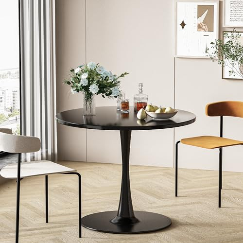 DKLGG 32" Modern Round Dining Table with MDF Top, Metal Base Pedestal - Tulip Table for 2-4 Persons, Small Space, End Table, Black | Amazon (US)