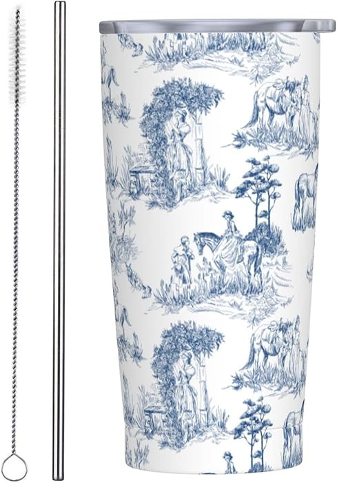 Blue Vintage Toile De Jouy 20oz Insulated Stainless Steel Tumbler With Lids And Straws Stainless ... | Amazon (US)