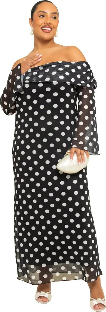 FASHION-SZN CURVE Off The Shoulder Polka Dot Midi Dress | Nordstrom | Nordstrom