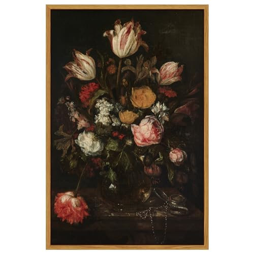 ARPEOTCY Vintage Framed Floral Wall Art Decor, Bathroom Dark Flower Bouquet Retro Wall Decor, Canvas Prints Art, Bedroom Roses and Tulips Paintings Farmhouse Moody Home Decoration, 16x24 Inch | Amazon (US)