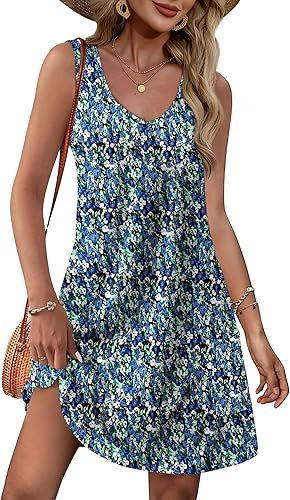 OFEEFAN Summer Dresses for Women 2024 Beach Loose V Neck Sleeveless Mini Dress Sundresses with Po... | Amazon (US)