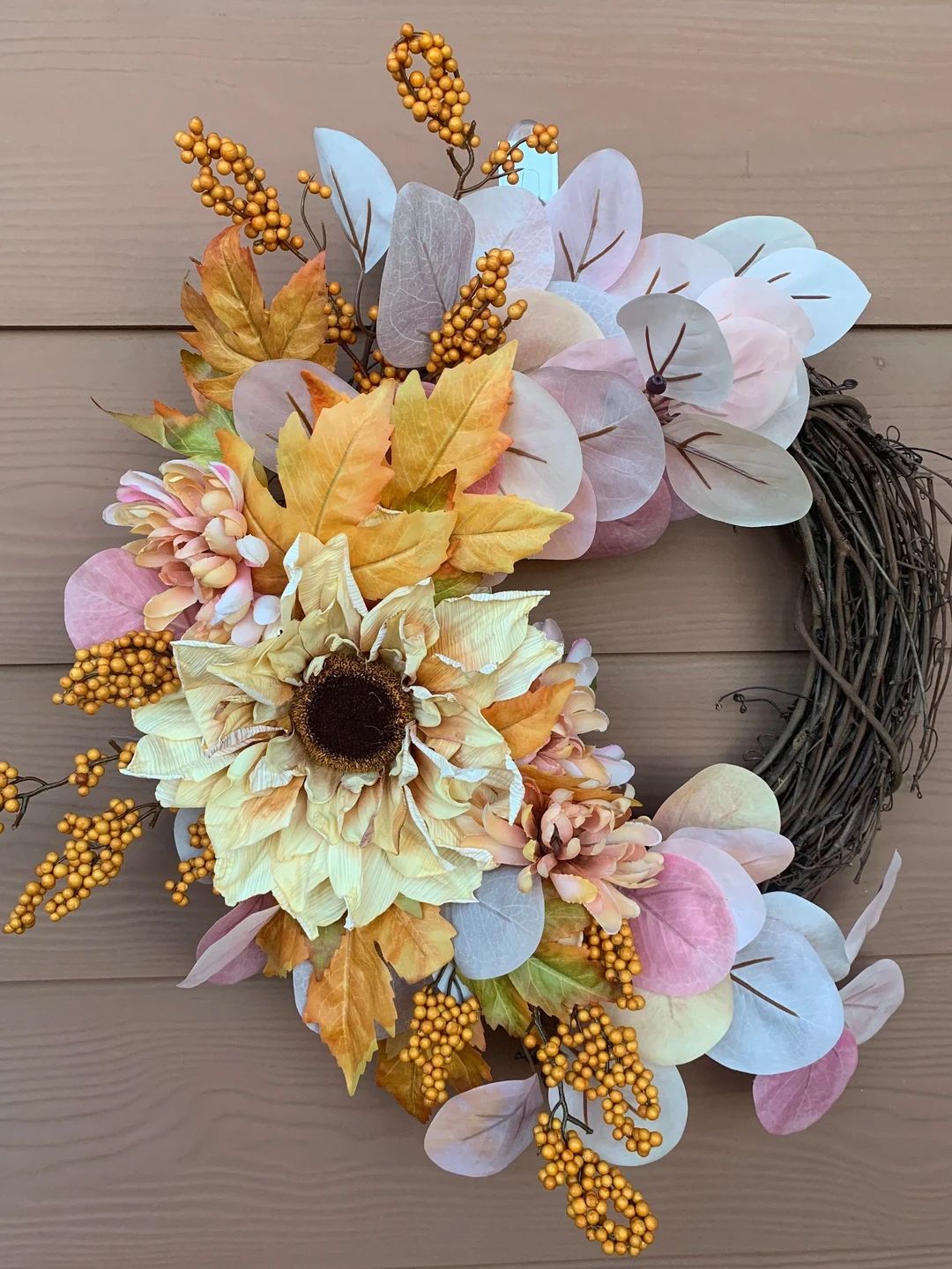 Fall wreath, boho wreath, floral wreath, fall leaves wreath, pink wreath, mustard yellow wreath, ... | Etsy (US)