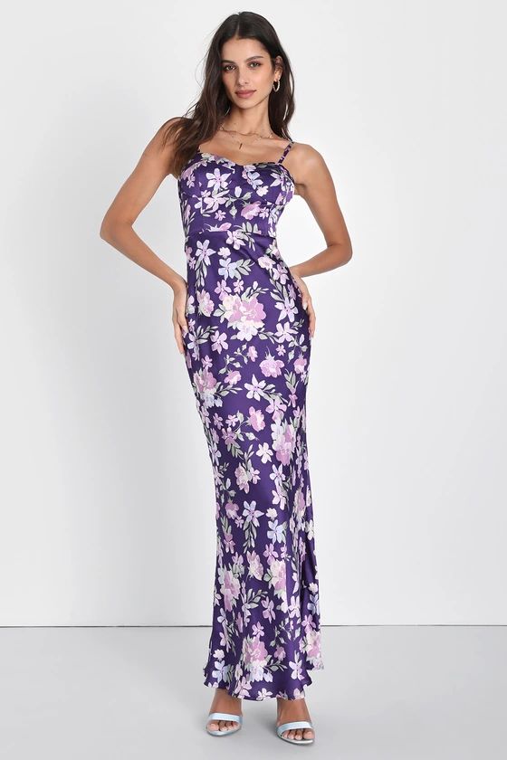 Botanical Beauty Purple Floral Print Satin Bustier Maxi Dress | Lulus (US)