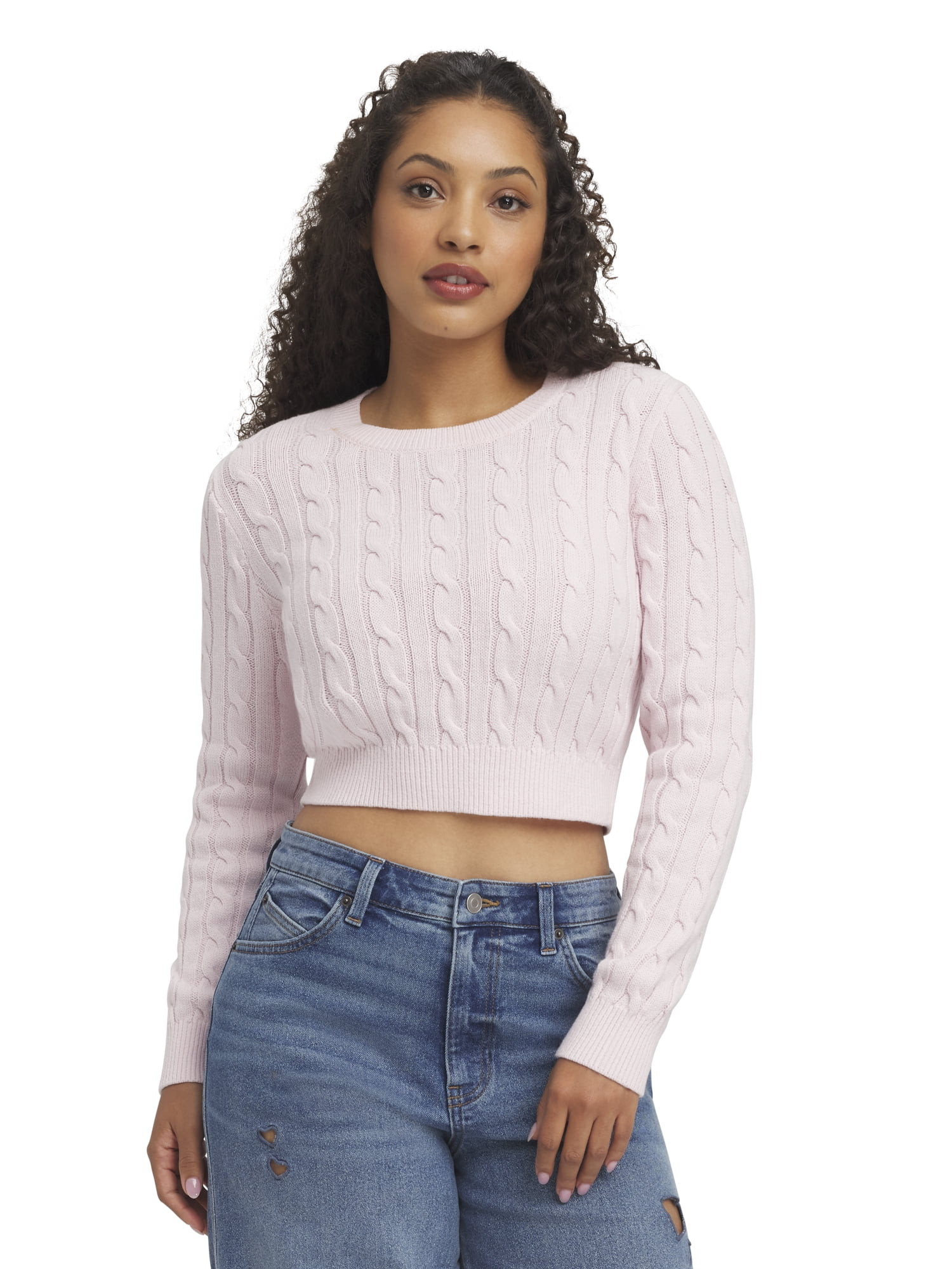 Mills by Millie Bobby Brown Women's Long Sleeve Crop Cable Sweater, Sizes XXS-XXL | Walmart (US)