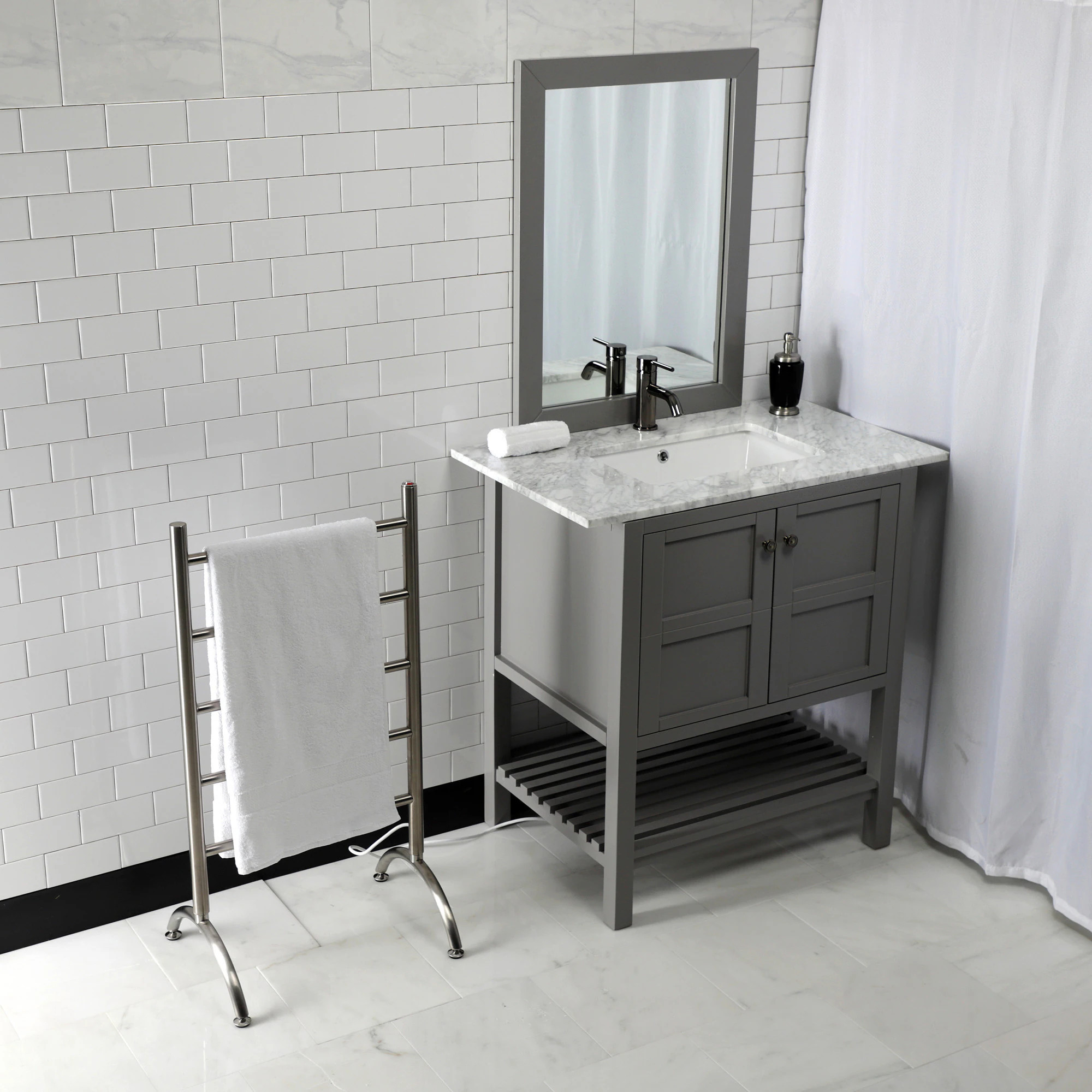 Kingston Brass Brushed Nickel Hardwired Freestanding or wall mount Towel Warmer 14.19-in x 18.44-in x 37.38-in one_size | WLTWW3720SN | Lowe's