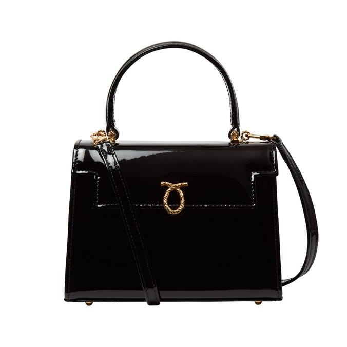 Launer Judi Patent Handbag, Black | Fortnum & Mason