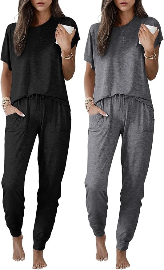 Ekouaer 2 pack Pajama Sets for Womens Jogger Pants Pjs Short Sleeves Lounge Set Soft Sleepwear wi... | Amazon (US)