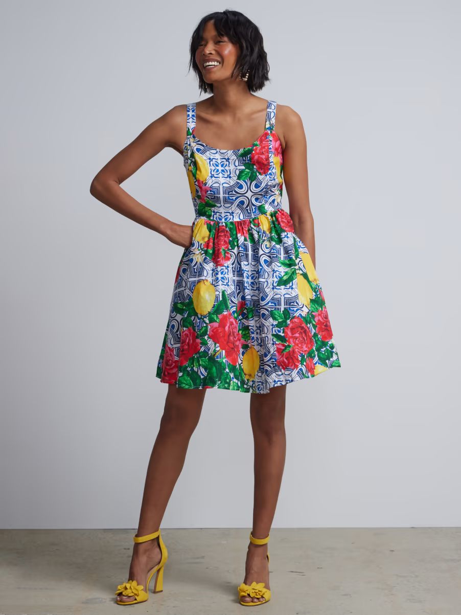 Lemon Tile-Print Flare Dress | New York & Company