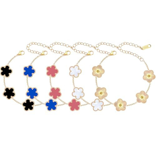 SUBANG 5 Pieces Lucky Clover Bracelet for Women 14K Gold Plated Lucky Bracelet Flower Design Five Leaf Link Bracelets Trendy Jewelry Gifts for Women | Amazon (US)