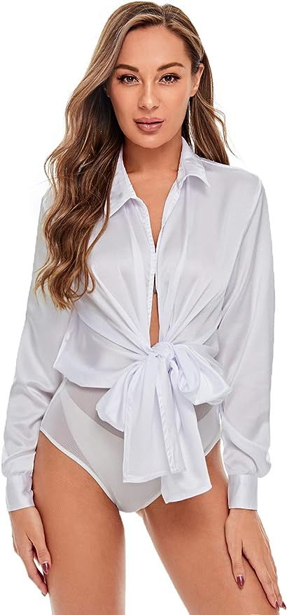 SheIn Women's Bow Tie Satin Bodysuit Plunging Neck Sexy Long Sleeve Blouse Top | Amazon (US)